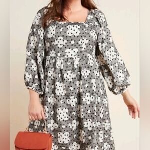 Anthropologie Jane Textured Babydoll Dress size 12 Black White Polka Dots Whimsy